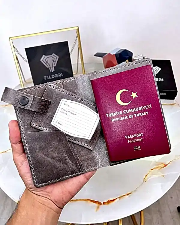 Pasaport Kılıfı ve Valiz Etiketi Hakiki Deri Gri 2038