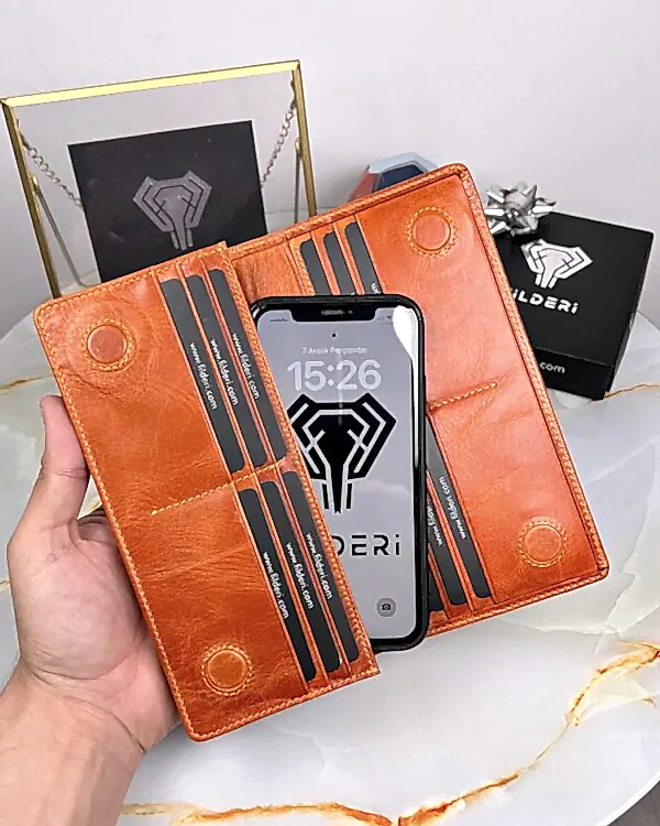 Tutamaçlı Cüzdan Telefon Bölmeli Hakiki Deri Turuncu 2028