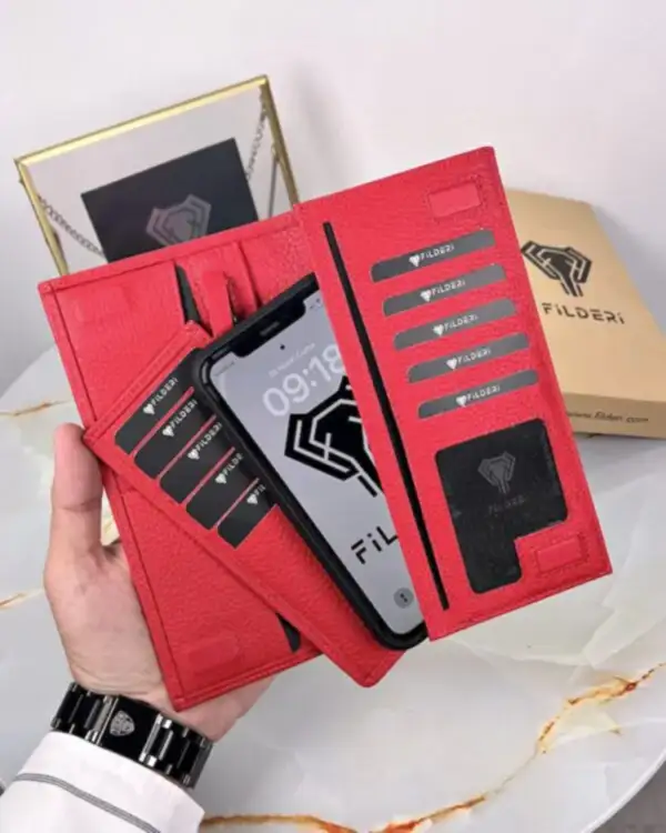 Cüzdan Kartlık Hakiki Deri Telefon Bölmeli Kırmızı Renk 2047
