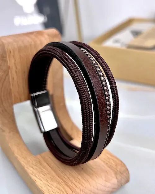 Kahverengi 4 lü Bileklik Hakiki Deri Ve İpli