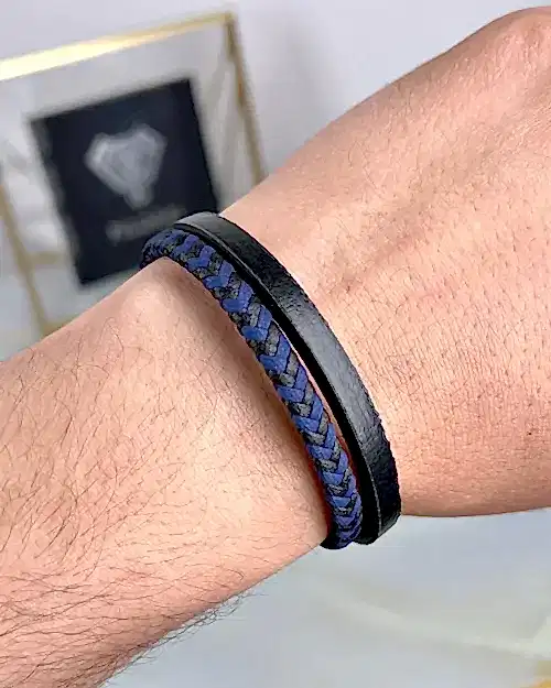 Siyah Lacivert Örgülü Deri Bileklik