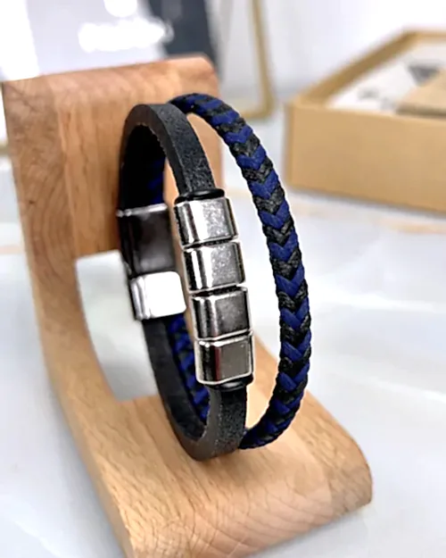 Lacivert Siyah Örgülü Siyah Derili Bileklik