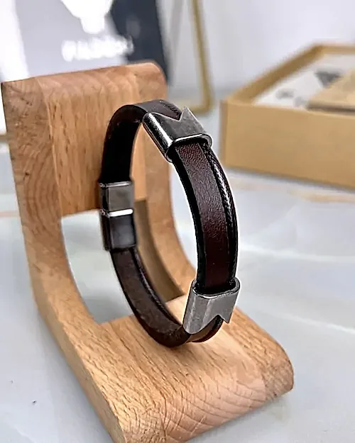 Çift Aksesuarlı Kahve Deri Bileklik