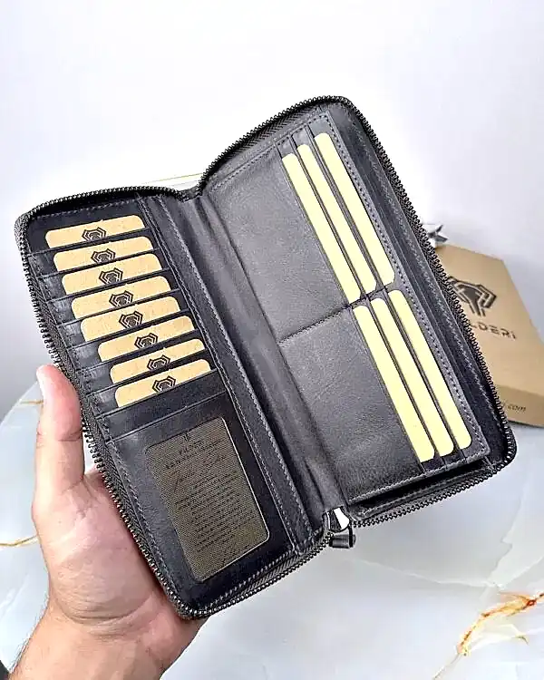 Bol Gözlü Cüzdan Hakiki Deri Gri Renk 2055