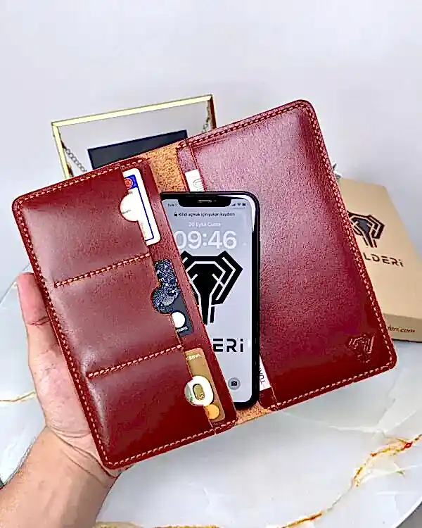 El Dikişi Cüzdan Telefon Bölmeli Hakiki Deri Kızıl Renk 2072