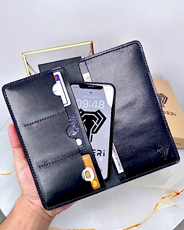 El Dikişi Cüzdan Telefon Bölmeli Hakiki Deri Parlak Siyah 2072