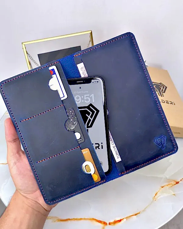 El Dikişi Cüzdan Telefon Bölmeli Hakiki Deri Lacivert 2072