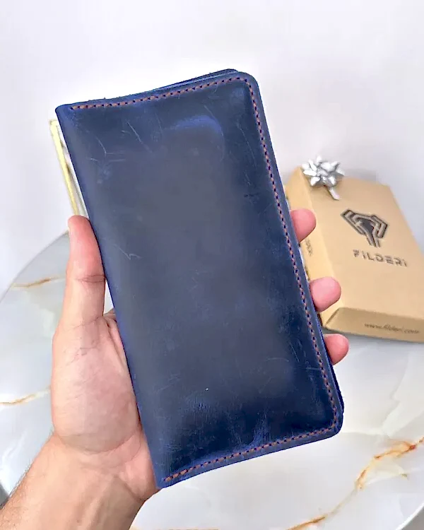 El Dikişi Cüzdan Telefon Bölmeli Hakiki Deri Lacivert 2072