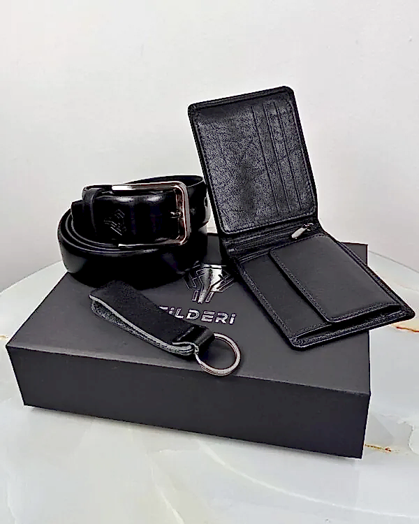 Premium hakiki deri damat seti özel hediye kutusu içinde kemer cüzdan ve anahtarlık tam set görünümü üstten çekim