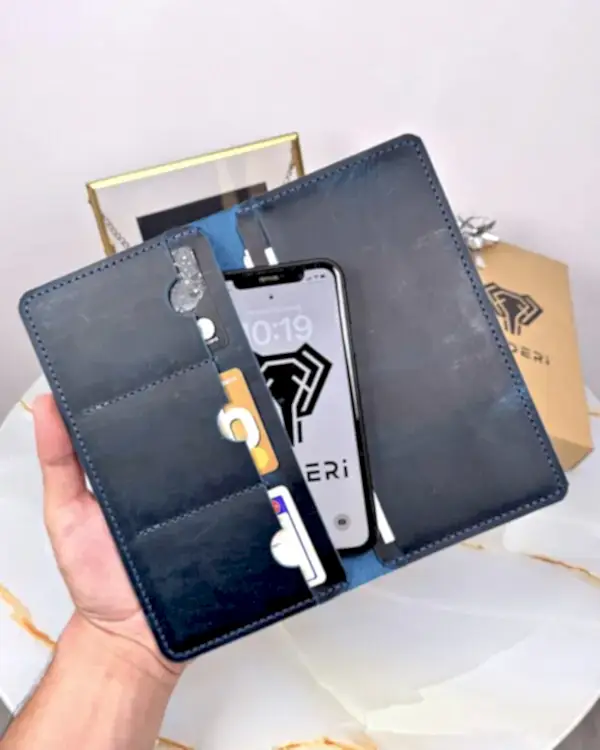 El Dikişi Cüzdan Telefon Bölmeli Hakiki Deri Lacivert 2072