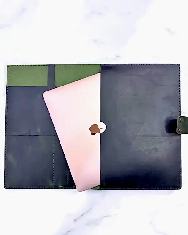 Laptop Bölmeli Organizer El Dikişi Hakiki Deri Yeşil 2075