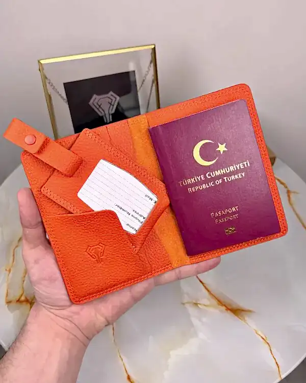 Pasaport Kabı ve Valiz Etiketi Hakiki Deri 2038 - Turuncu