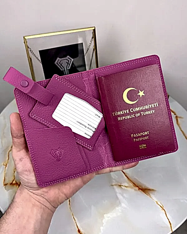 Pasaport Kabı ve Valiz Etiketi Hakiki Deri 2038 - Pembe