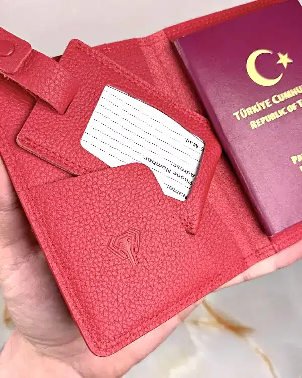 Pasaport Kabı ve Valiz Etiketi Hakiki Deri 2038 - Kırmızı