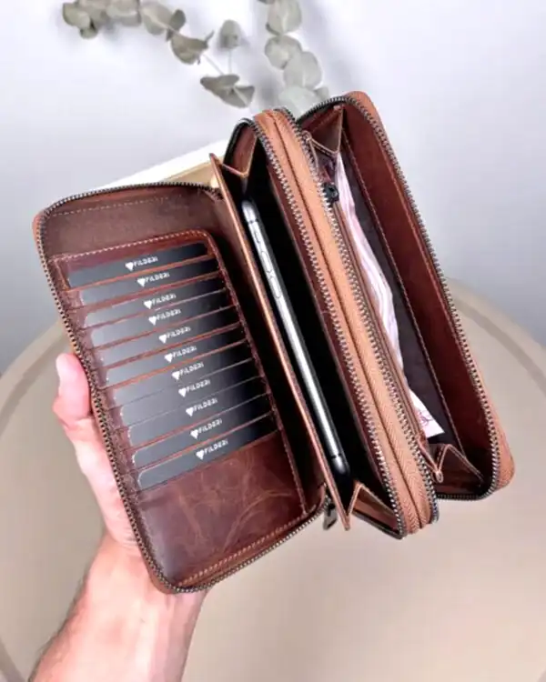 Çift Fermuarlı El Çantası – Fındık Hakiki Deri | 2102