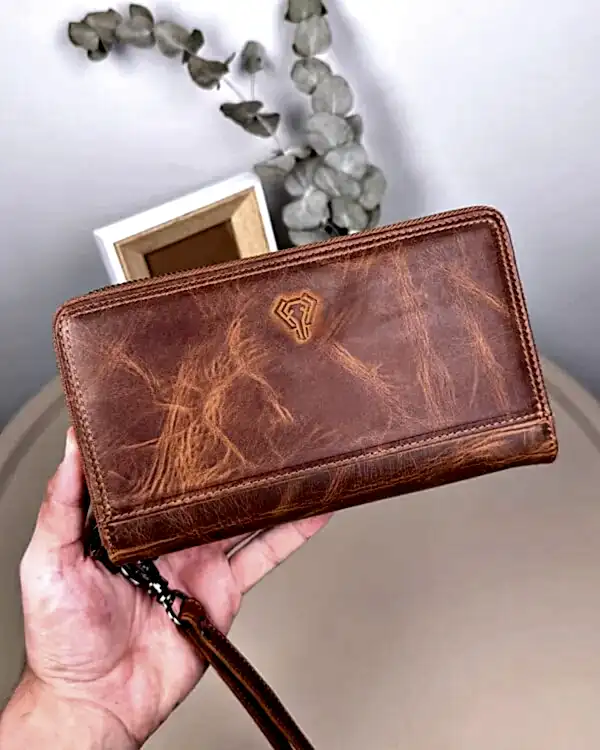 Çift Fermuarlı El Çantası – Fındık Hakiki Deri | 2102