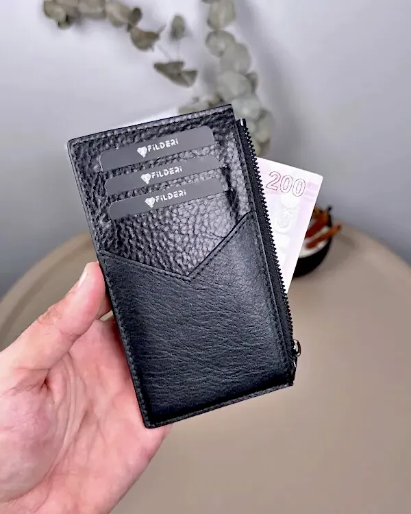 Hakiki Deri Fermuarlı Kartlık – Parlak Siyah | 2117