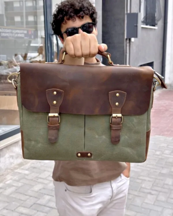 Evrak Çantası – Hakiki Deri - Mumlu Kanvas, Yeşil-Kahve | 2092