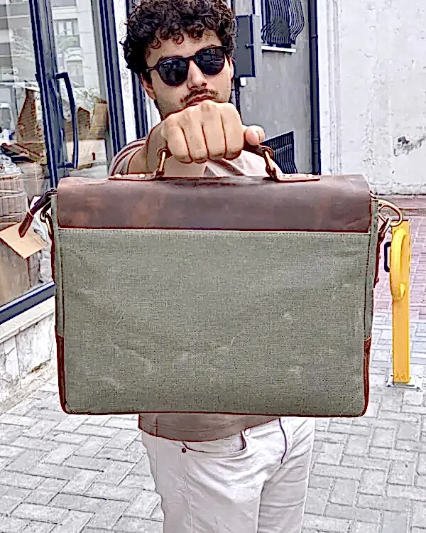 Evrak Çantası – Hakiki Deri - Mumlu Kanvas, Yeşil-Kahve | 2092