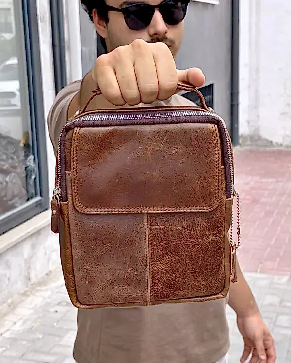 Erkek El ve Omuz Çantası – Kahve Hakiki Deri | 2112