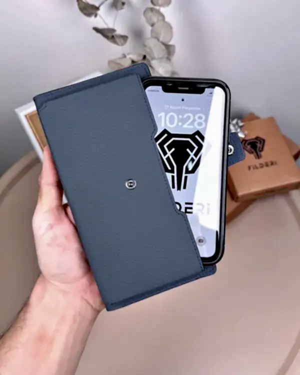 Lacivert Hakiki Deri, Telefon Bölmeli Büyük Fermuarlı Cüzdan | 2040