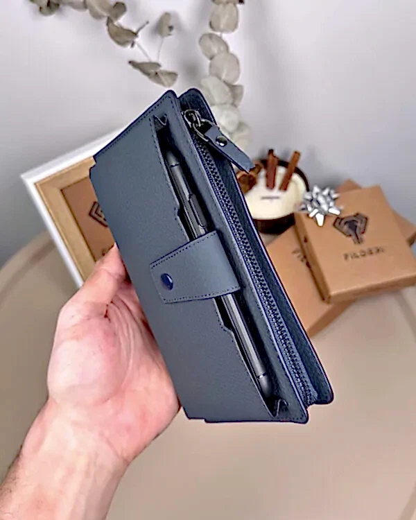 Lacivert Hakiki Deri, Telefon Bölmeli Büyük Fermuarlı Cüzdan | 2040