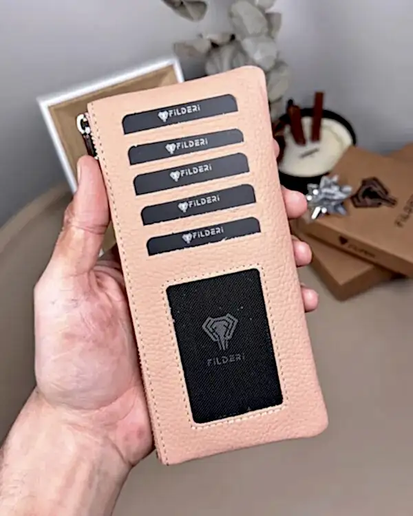 Hakiki Deri Uzun Kartlık – Fermuarlı, Pudra | 2127