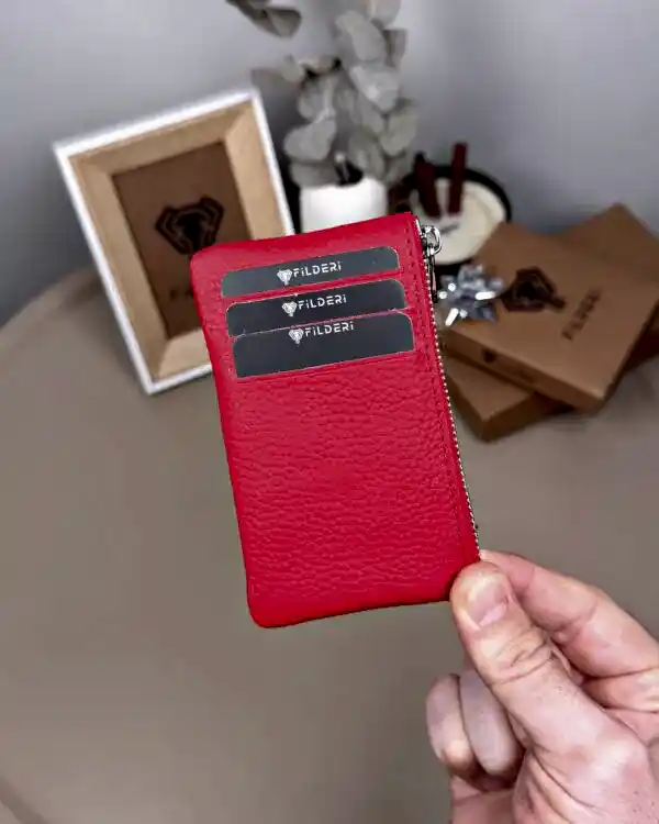 Hakiki Deri Kartlık – Slim , Fermuarlı,Kırmızı | 2126