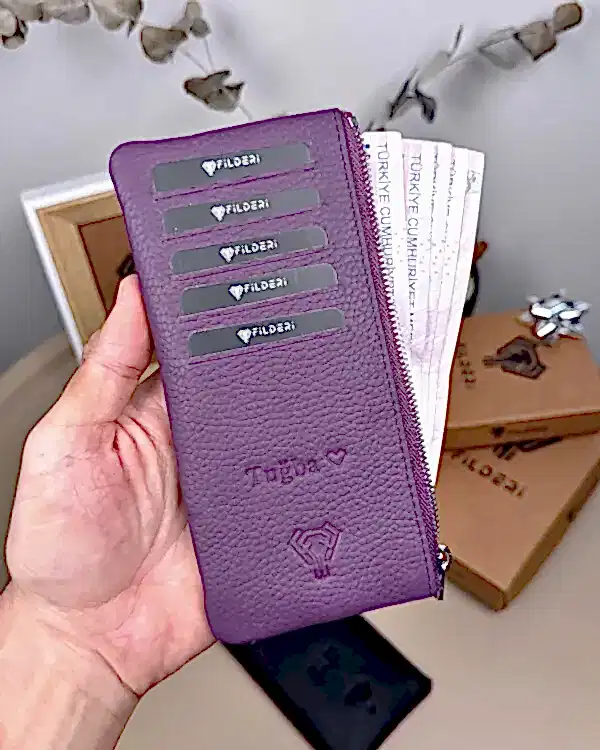 Hakiki Deri Uzun Kartlık – Fermuarlı, Mor | 2127