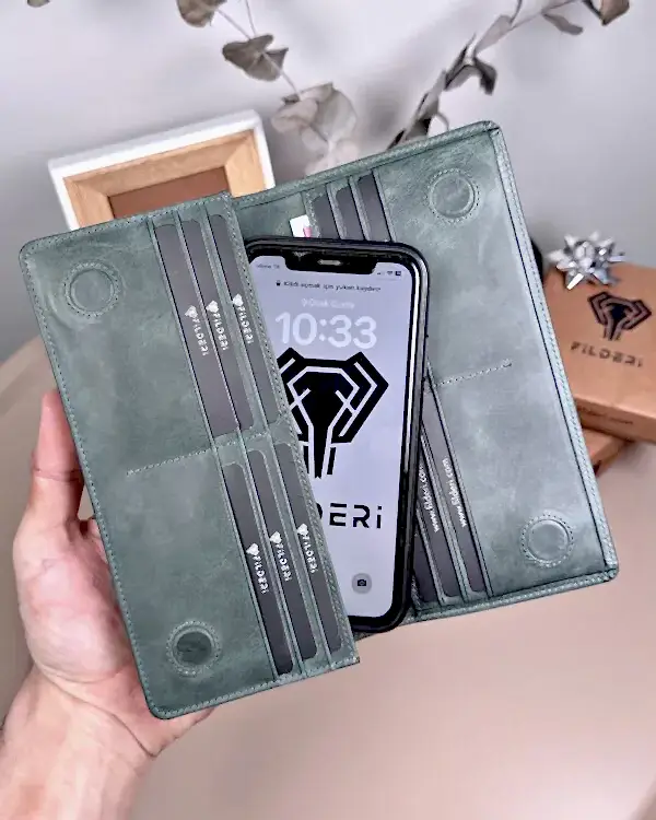 Telefon Bölmeli Cüzdan Hakiki Deri – El Tutamaçlı Yeşil Renk | 2028