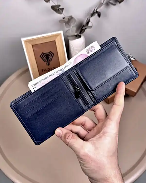 İsimli Erkek Cüzdan Hakiki Deri Parlak Lacivert Renk 2016
