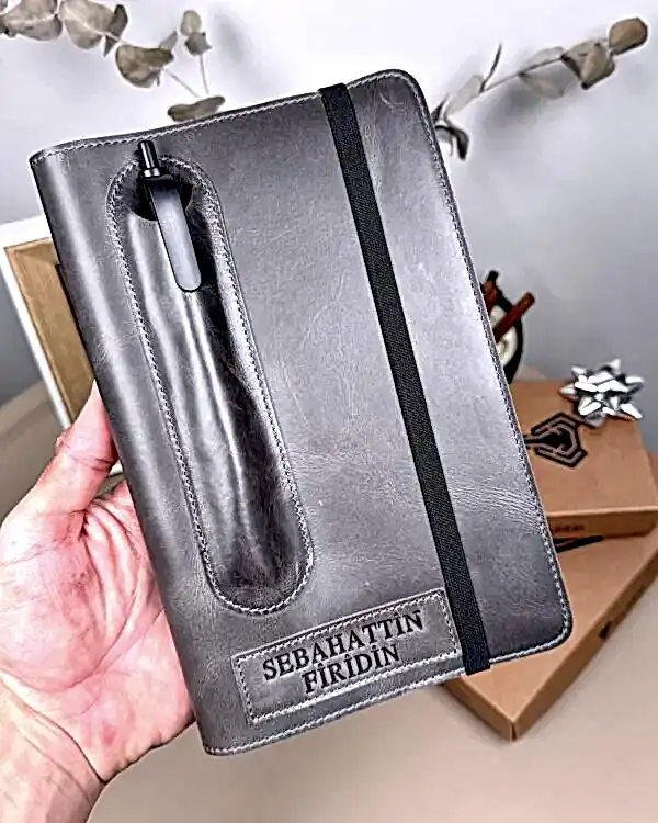 Hakiki Deri Ajanda - Kalem Yuvalı, İsme Özel, Gri | 2129