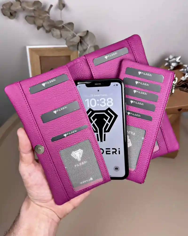 Telefon Bölmeli Cüzdan – Hakiki Deri, Kartlıklı, Fuşya | 2134