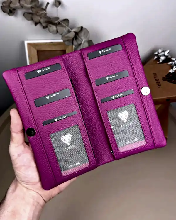 Telefon Bölmeli Cüzdan – Hakiki Deri, Kartlıklı, Fuşya | 2134