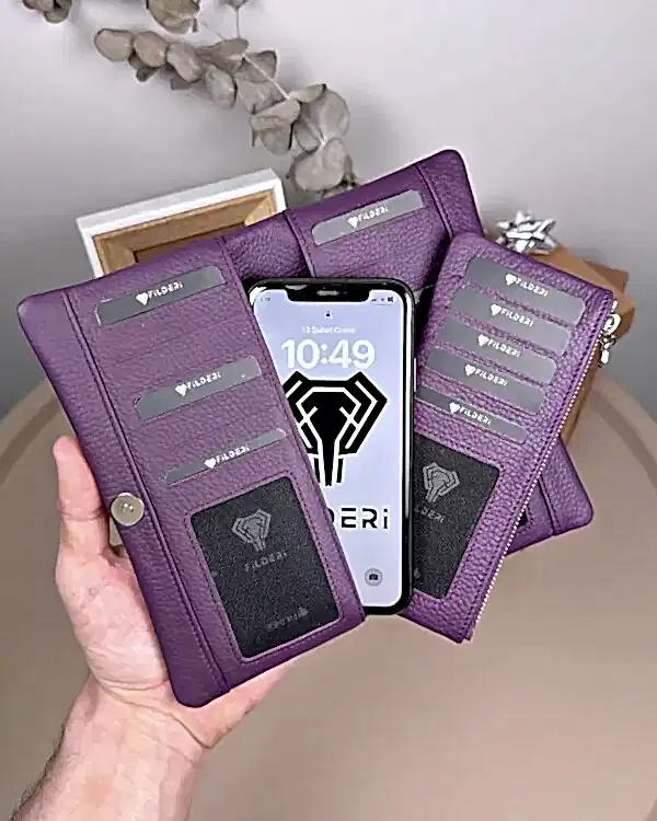 Telefon Bölmeli Cüzdan – Hakiki Deri, Kartlıklı, Mor | 2134