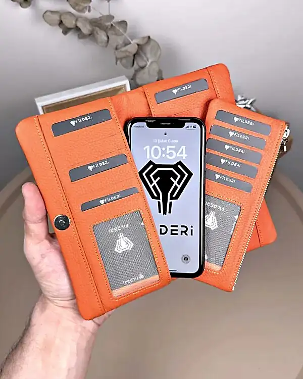 Telefon Bölmeli Cüzdan – Hakiki Deri, Kartlıklı, Turuncu | 2134