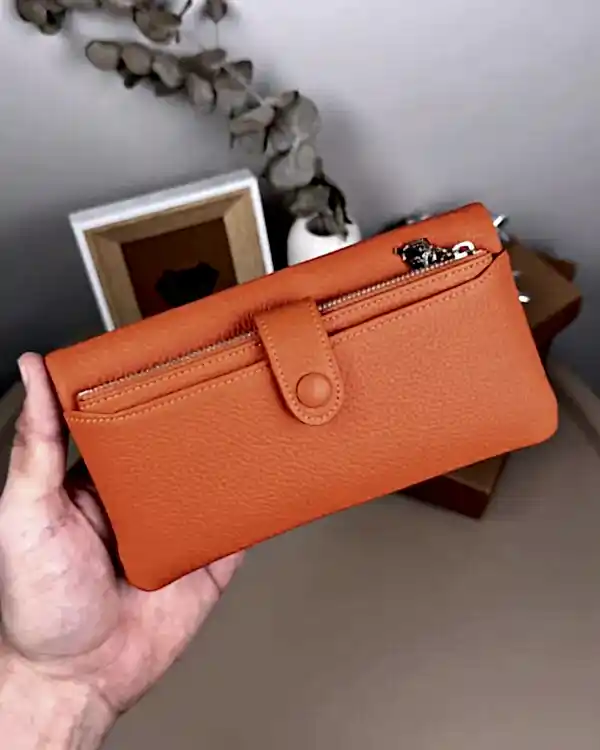 Telefon Bölmeli Cüzdan – Hakiki Deri, Kartlıklı, Turuncu | 2134