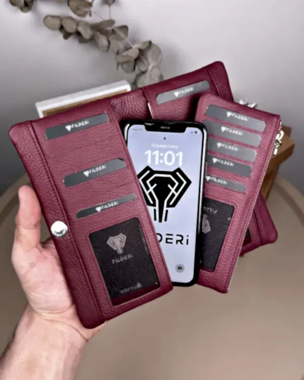 Telefon Bölmeli Cüzdan – Hakiki Deri, Kartlıklı, Bordo | 2134