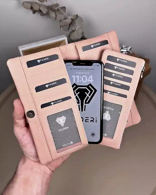 Telefon Bölmeli Cüzdan – Hakiki Deri, Kartlıklı, Pudra | 2134
