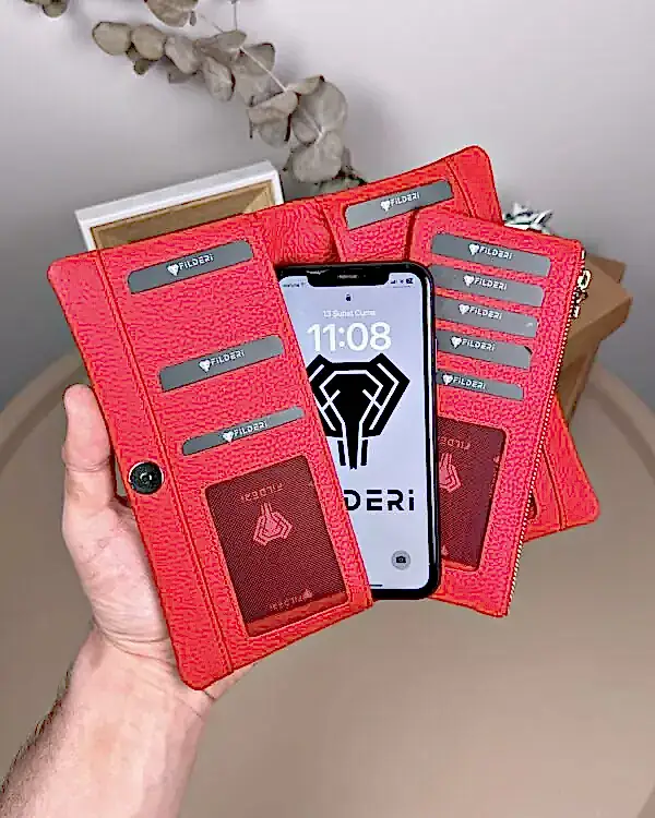 Telefon Bölmeli Cüzdan – Hakiki Deri, Kartlıklı, Kırmızı | 2134