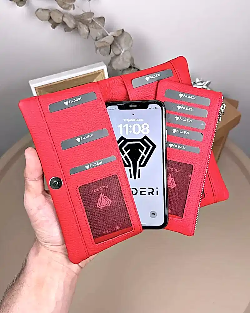 Telefon Bölmeli Cüzdan – Hakiki Deri, Kartlıklı, Kırmızı | 2134
