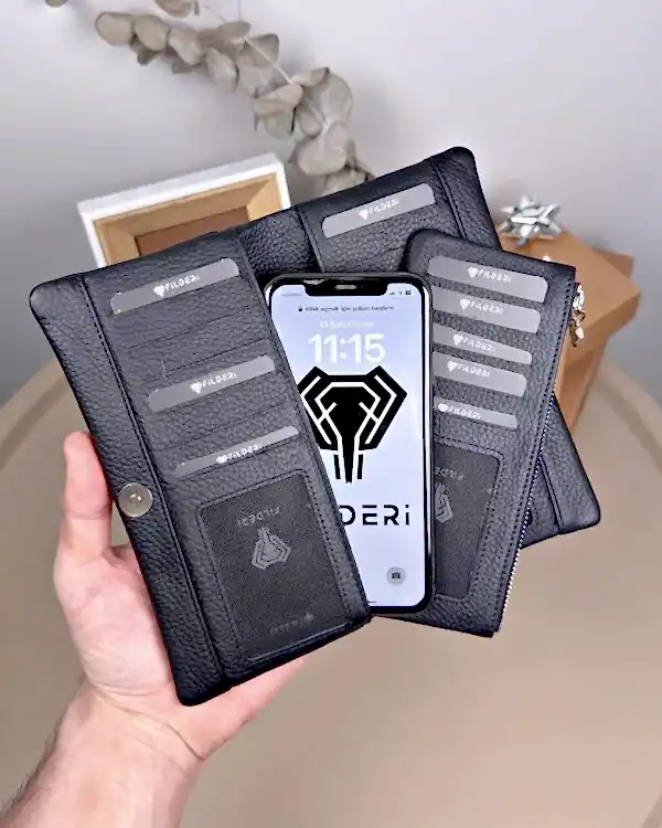 Telefon Bölmeli Cüzdan – Hakiki Deri, Kartlıklı, Siyah | 2134