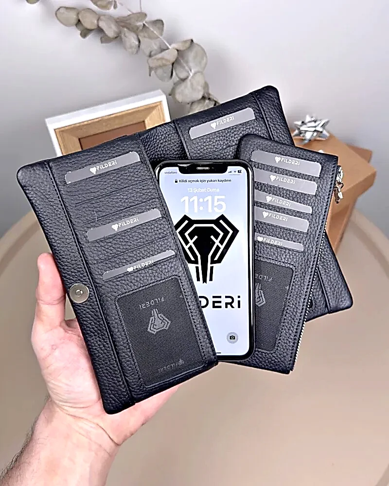 Telefon Bölmeli Cüzdan – Hakiki Deri, Kartlıklı, Siyah | 2134